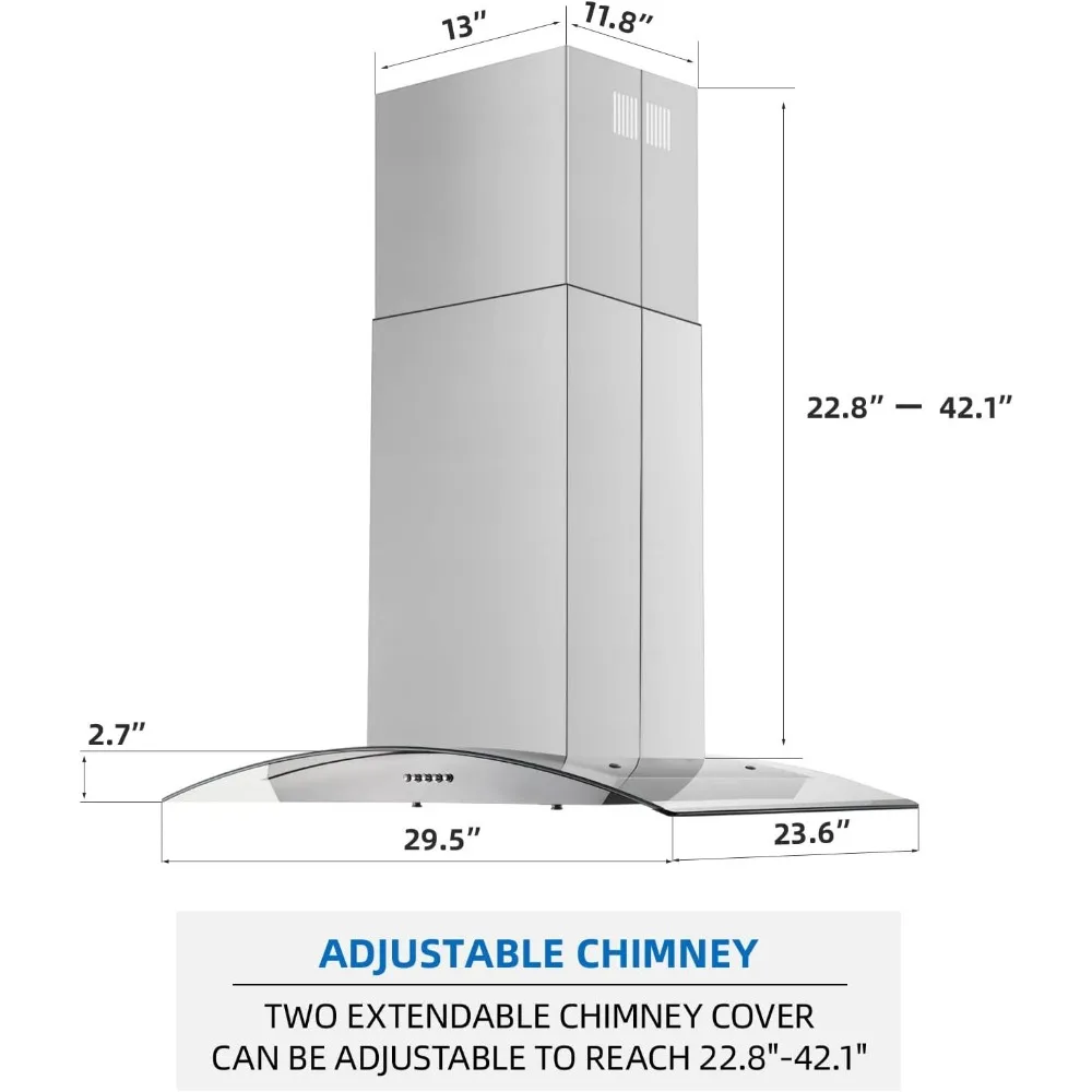 Aço inoxidável Ilha Gama Hood, Controle Botão, Cozinha Ventilador Exaustor de Ventilação, 5 Camadas de Malha Filtros, 700 CFM