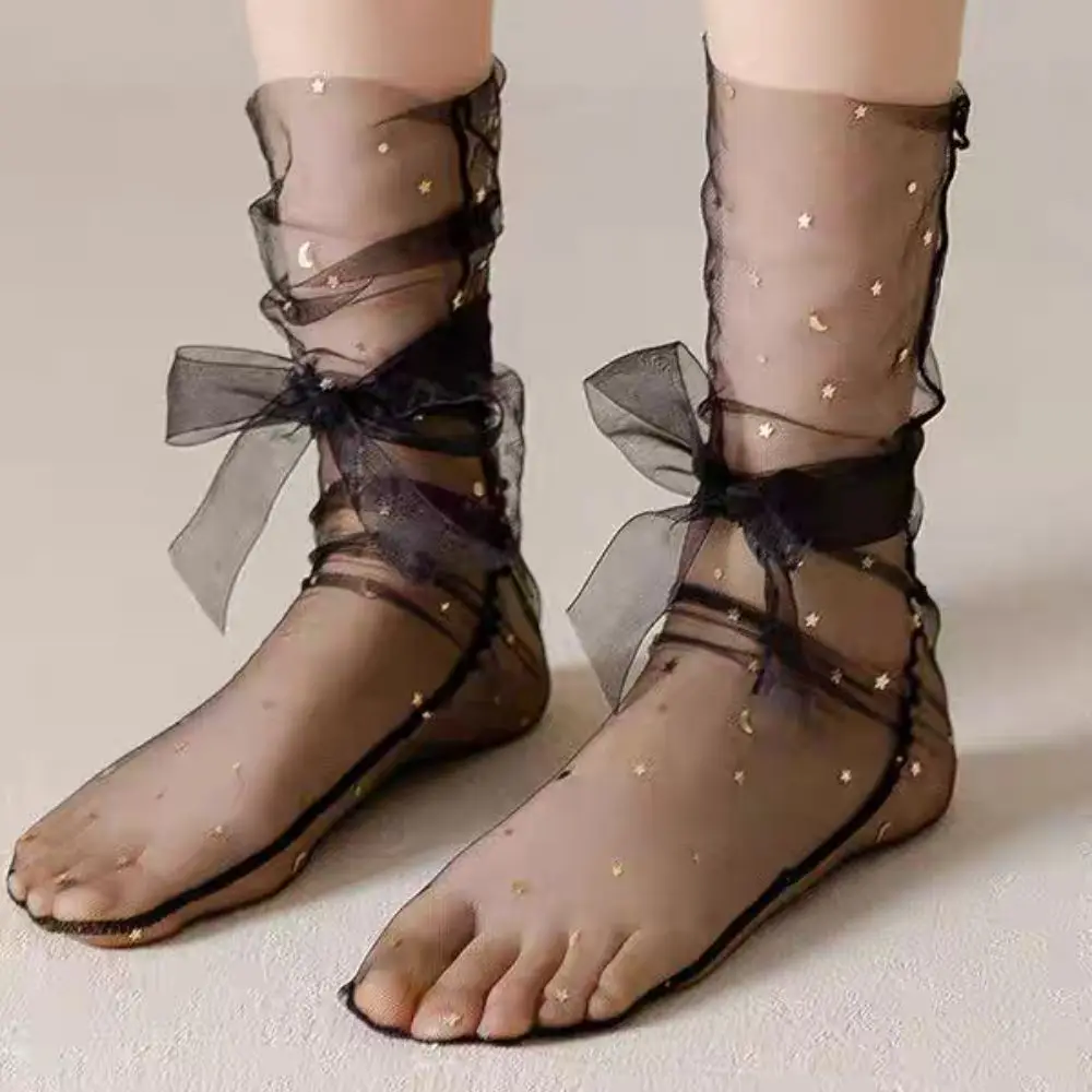 5Pairs Star Moon Transparent Bow Socks Sweet Breathable Tulle Shiny Socks Female Hosiery Mid-calf Mesh Tube Socks Women Girl