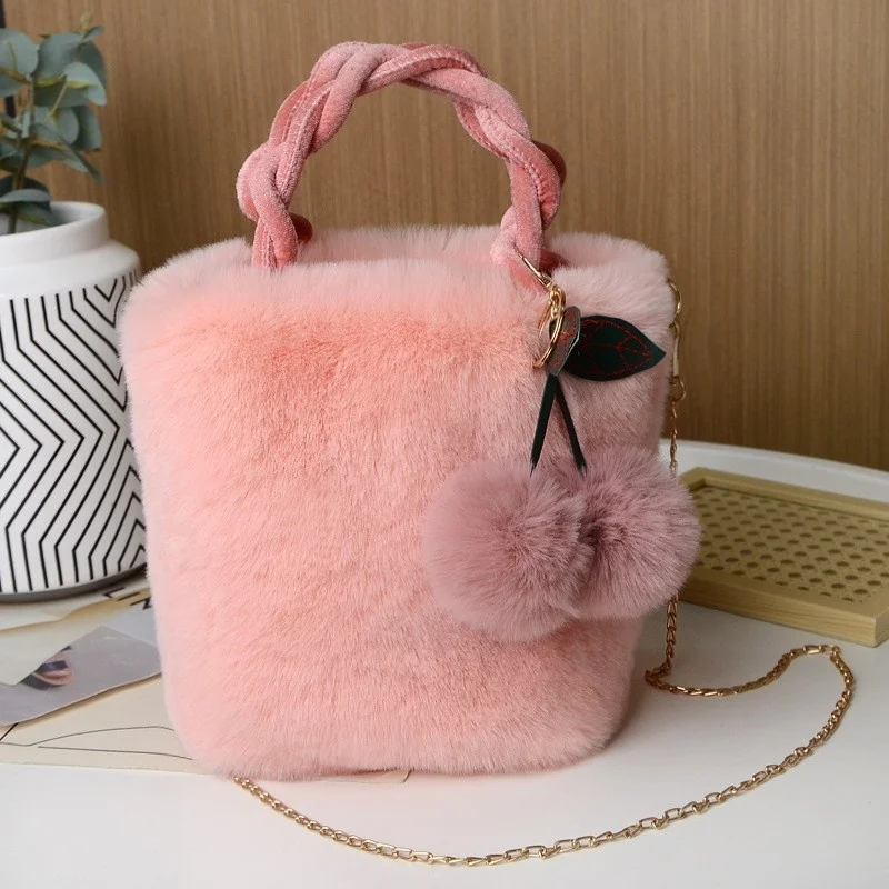 Faux Fur Crossbody Bags for Women Plush Small Purses and Handbag with Pompom Cherry Fluffy String Shoulder Bag Girl Clutch Purse