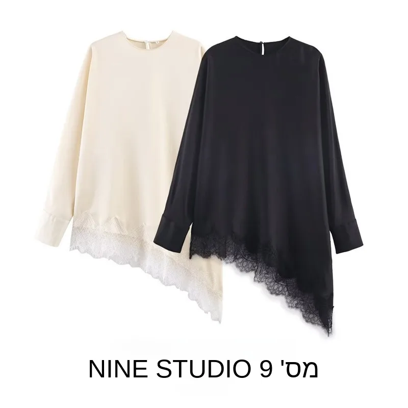 

Женская свободная асимметричная блузка NINE ZAR с кружевными вставками, однотонная, элегантная, модная, из полиэстера, с длинным рукавом и круглым вырезом