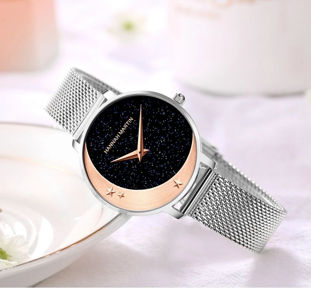 New Design Model Arrival Japan MIYOTA 2035 Quartz Movement Stainless Steel Wristwatch Moon Stars Night Flash Watches for Women