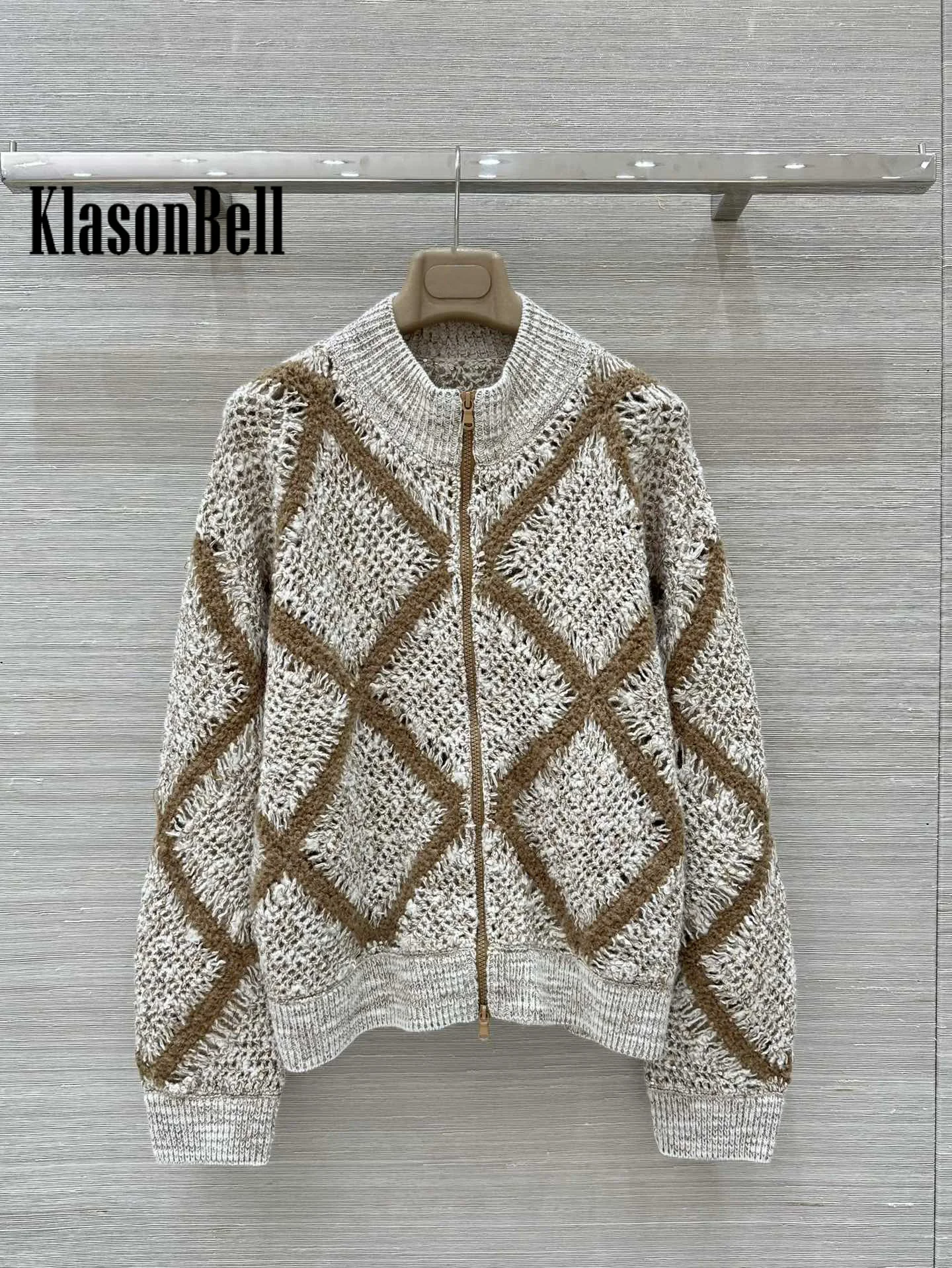 9.8 KlasonBell Women 2024 Autumn New Sequins Argyle Plaid Hollow Out Crochet Cardigan O-Neck Loose Wool Knit Soft Zipper Coat