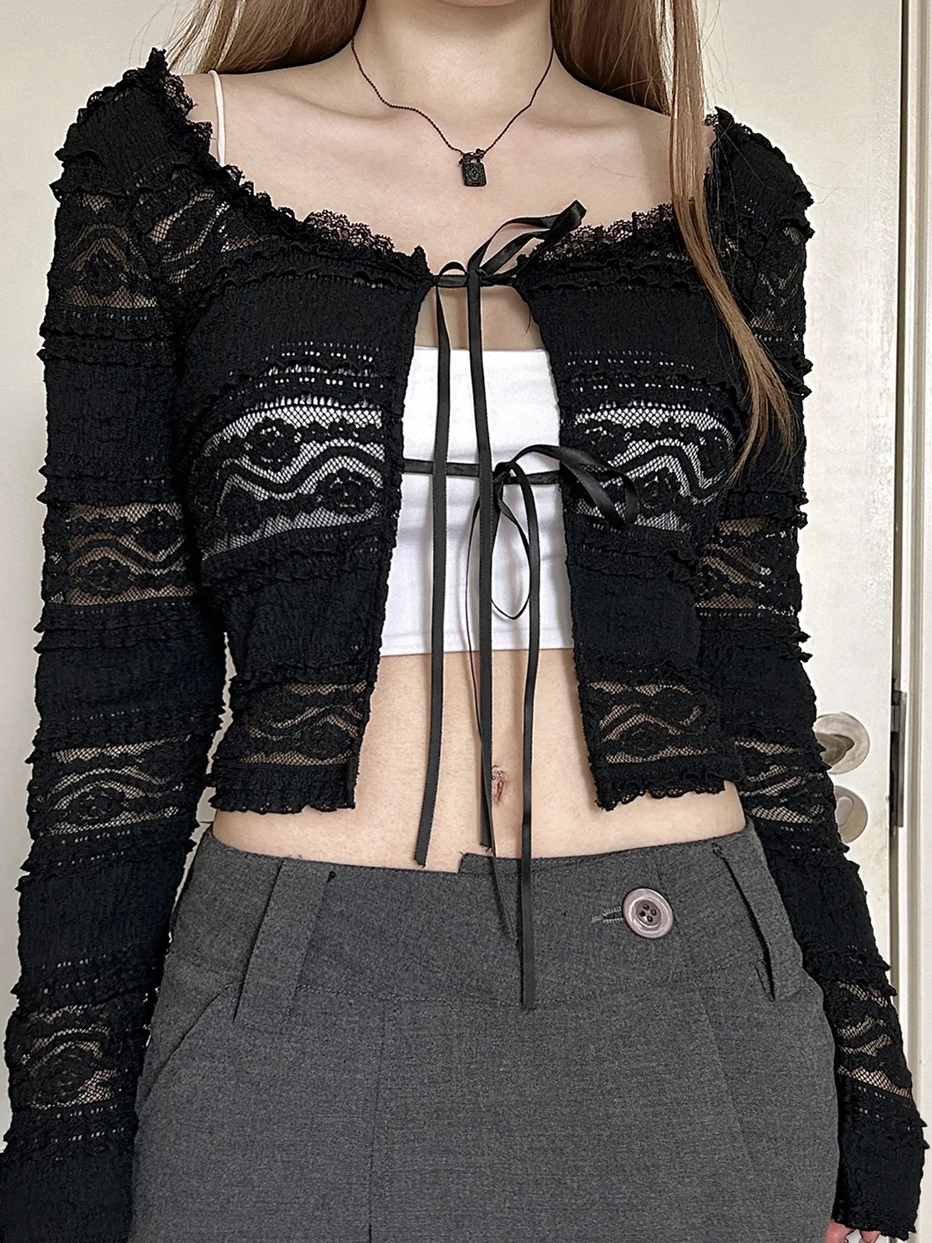 

Hollow up Summer Y2k Fashion All Match Drawstring Lace Long Sleeve Solid Slim Patchwork Knitted Cardigan women cardigan