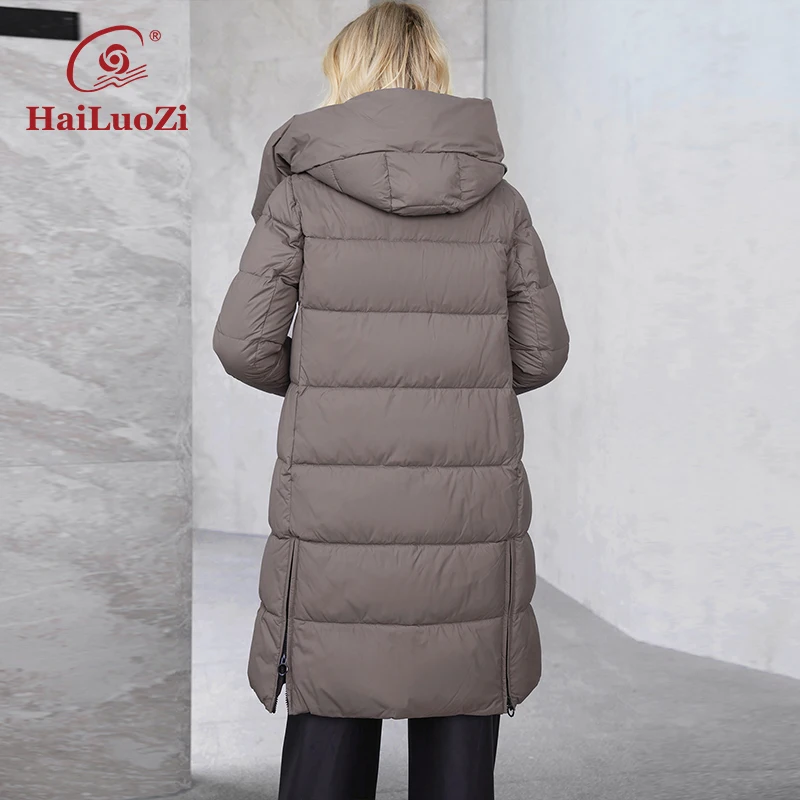 HaiLuoZi 2024 New Women\'s Winter Cotton Jacket Slash Pockets Hooded Warm Parka Solid Color Quilted Women\'s Jacket 1318