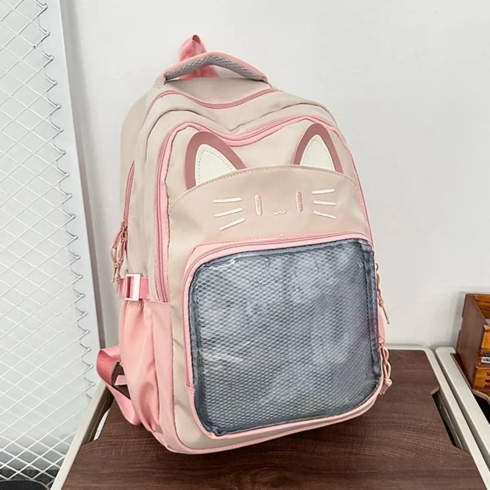 Tas Ita Bordir Kartun Modis Gaya Preppy Kapasitas Besar Saku Transparan Tas Sekolah Siswa Wanita Motif Kucing Lucu
