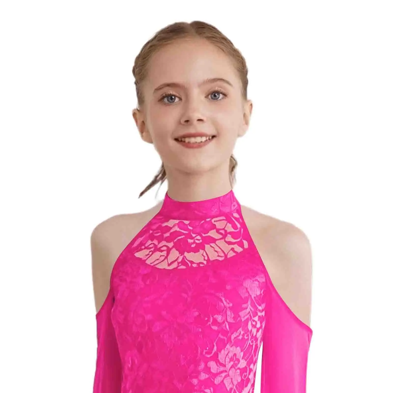 Kids Girls Ballet Gymnastics Figure Skating Outfits Sheer Mesh Long Sleeves Lace Leotard with Shorts for Stage Performance Wear