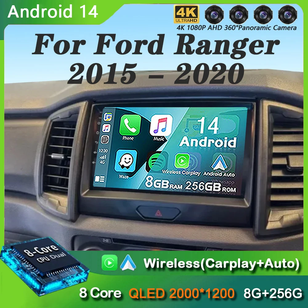 Android 14 Car Radio Stereo QLED Screen For Ford Ranger 2015 2016 2017 2018 2019 2020 GPS Multimedia Carplay Autoradio Head unit