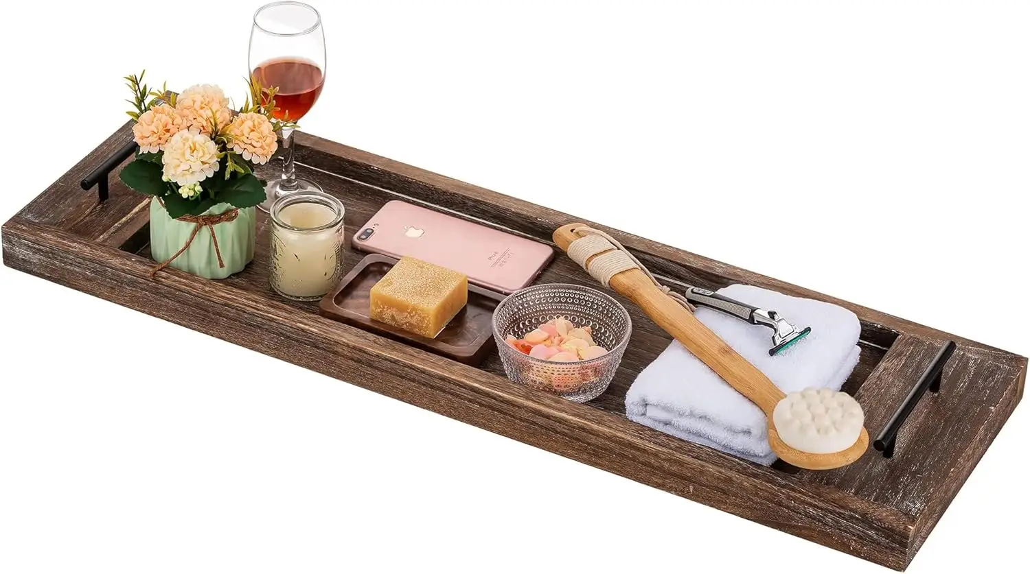 

Extra Large Rustic Wood Bathtub Tray with Handles, 31 Inch Bath Caddy Shelf for Spa Relaxation