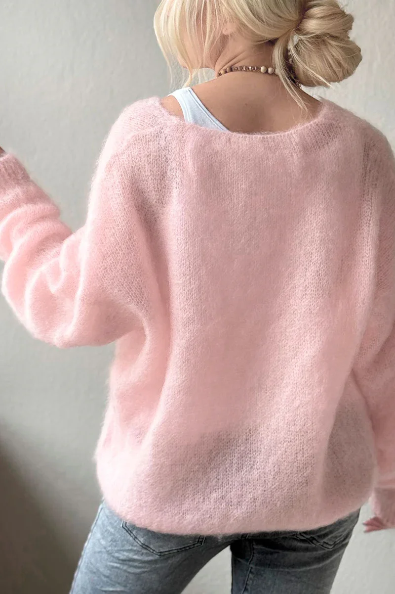 سترة نسائية ناعمة برقبة على شكل حرف V، كاجوال، وردي فاتح، فضفاض مناسب لربيع الخريف والربيع