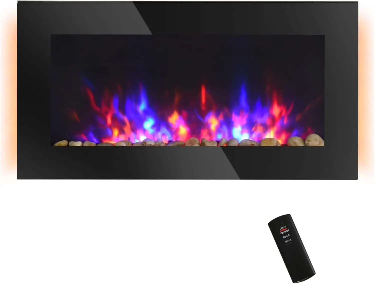 

36" 1500W Electric Wall-Mounted Fireplace with Flame Effect 7 Color Background Light and Side Light Black Affordable Ambience