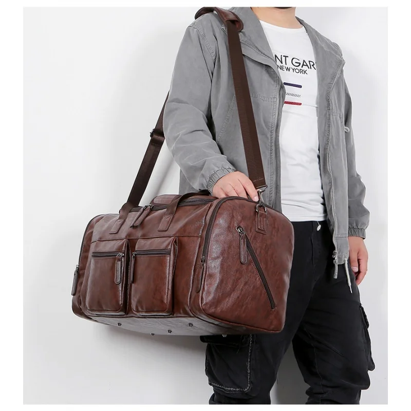 Large Capacity Men Travel Bag Casual Fitness Handbags PU Leather Luggage Pack Outdoor Shoulder Travel Duffels For Male