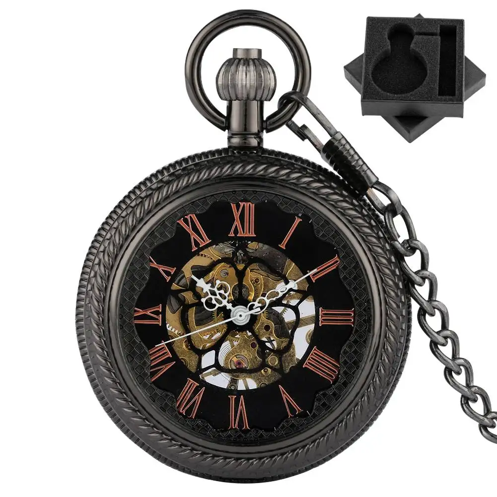 ارتفع الذهب الأرقام الرومانية الميكانيكية اليد لف ساعة الجيب الزجاج الشفاف Steampunk خمر الرجال فوب سلسلة قلادة على مدار الساعة