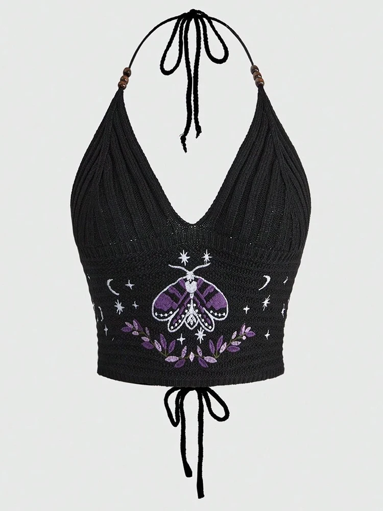 Women's Boho Halter Top Spring Summer Hippie Knit Beaded Celestial Design with Sun Moon Star Moth