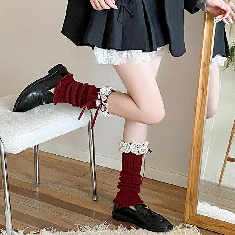 Gaiter Womens Leg Warmers Ankle Bow Winter Warm Stretch Knitted Thermal Ladies Thick Wool Cuff Boot Socks Red Calf Female Lolita