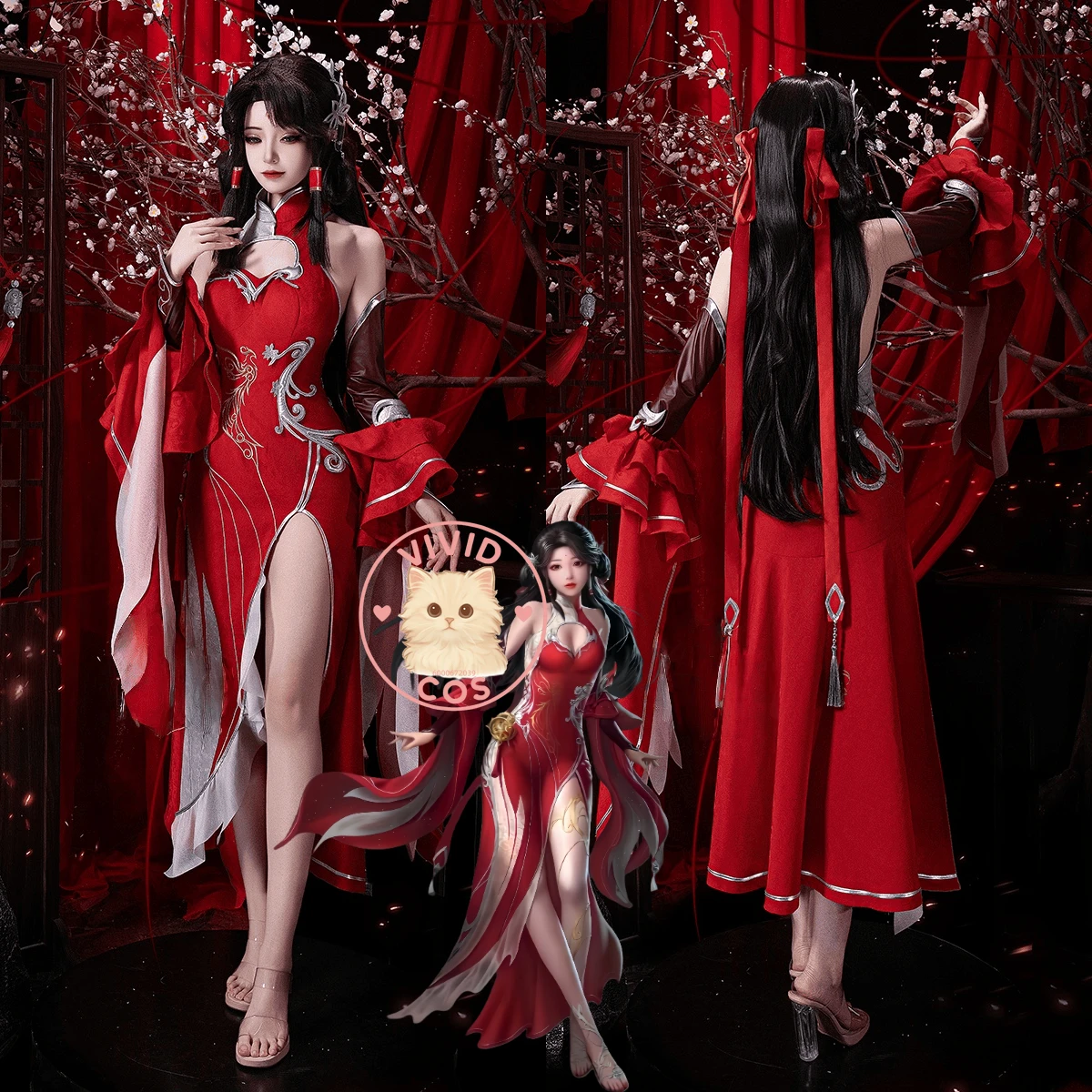 

Game Perfect World Cosplay Costume Anime Huoling'er Role Playing High-quality Sexy Red Cheongsam for Women Comic Con Party Set