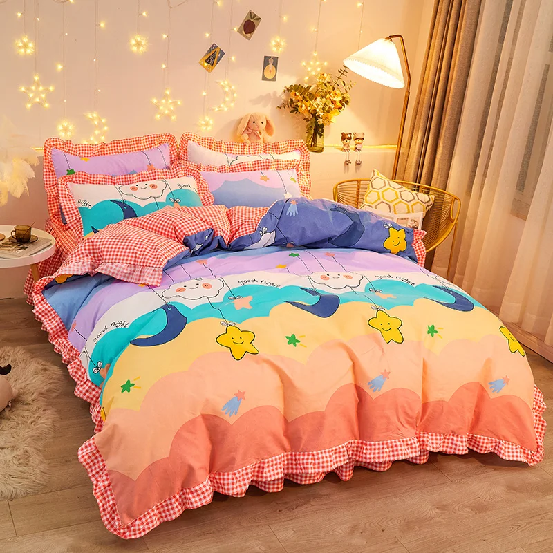 Rainbow Stars Cloud Duvet Cover Cartoon Style Bedding Set Reversible Grid Print Comforter Cover Soft Polyester Quilt Cover 3 Pcs