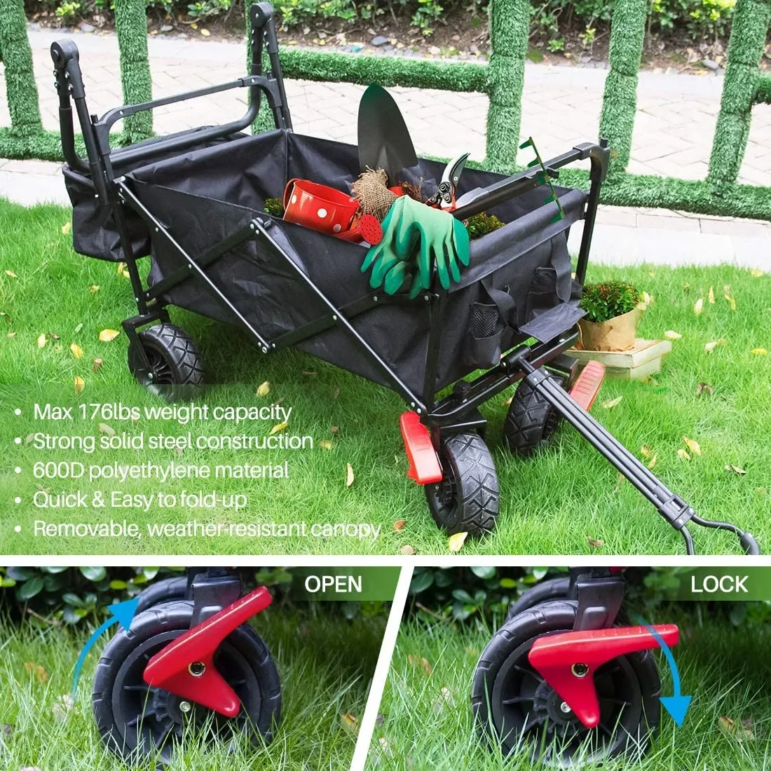 Folding Push Wagon Cart with Canopy Collapsible Utility Camping Heavy Duty Shopping Wide Wheel Red