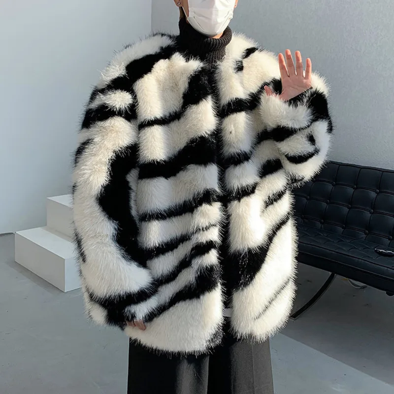 IEFB Male Loose Fur Coat Men\'s Contrast Color Striped Round Neck 2024 Autumn High Street Male Cotton Overcoat Stylish 24A1117