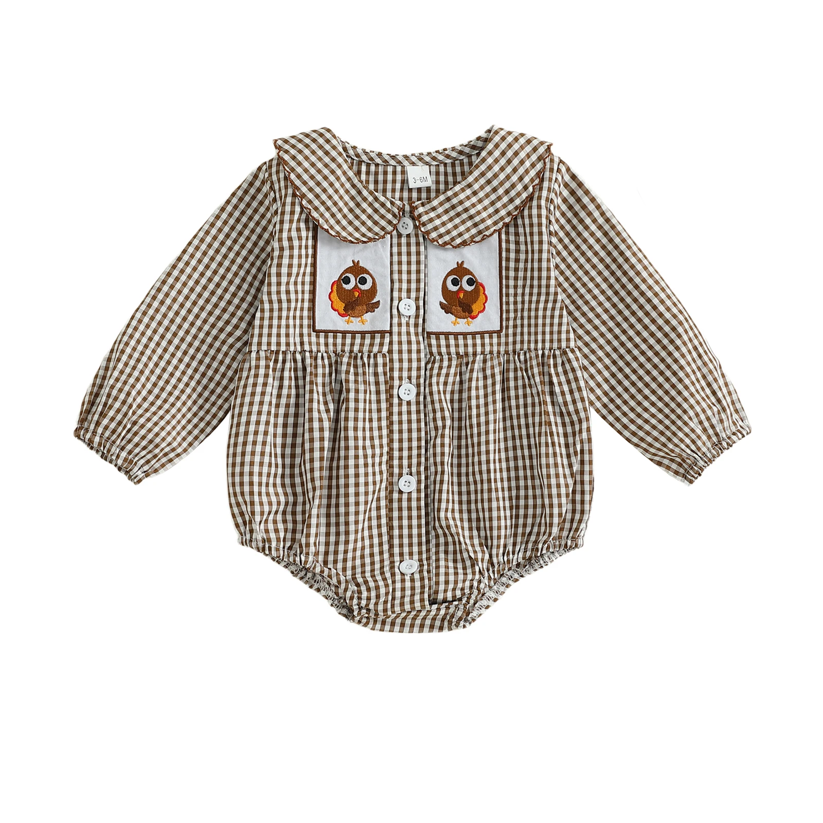 

Baby Girl Thanksgiving Christmas Romper Loose Fit Embroideried Plaid Doll Collar Long Sleeve Infant Jumpsuit