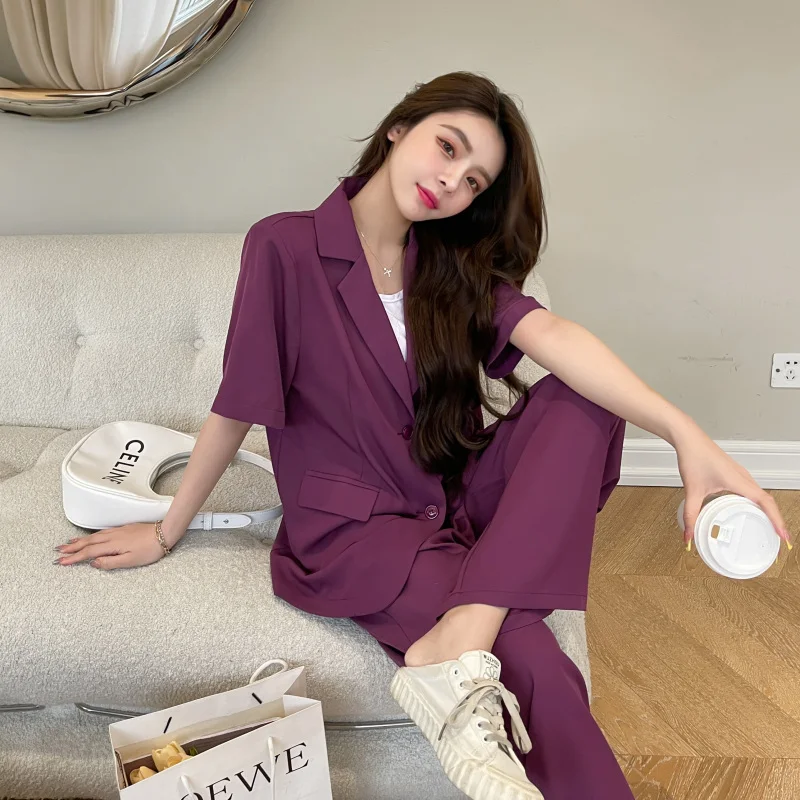 Summer Casual Women\'s Short-sleeved Blazer & Wide Leg Pants Women\'s Office Women\'s Suit Korean Version 2 Piece Sets Women Outfit