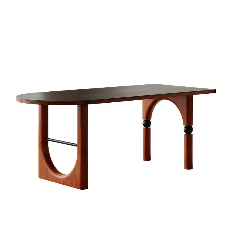 Medieval rock slab dining table household small apartment high-end dining table living room against the wall retro solid wood