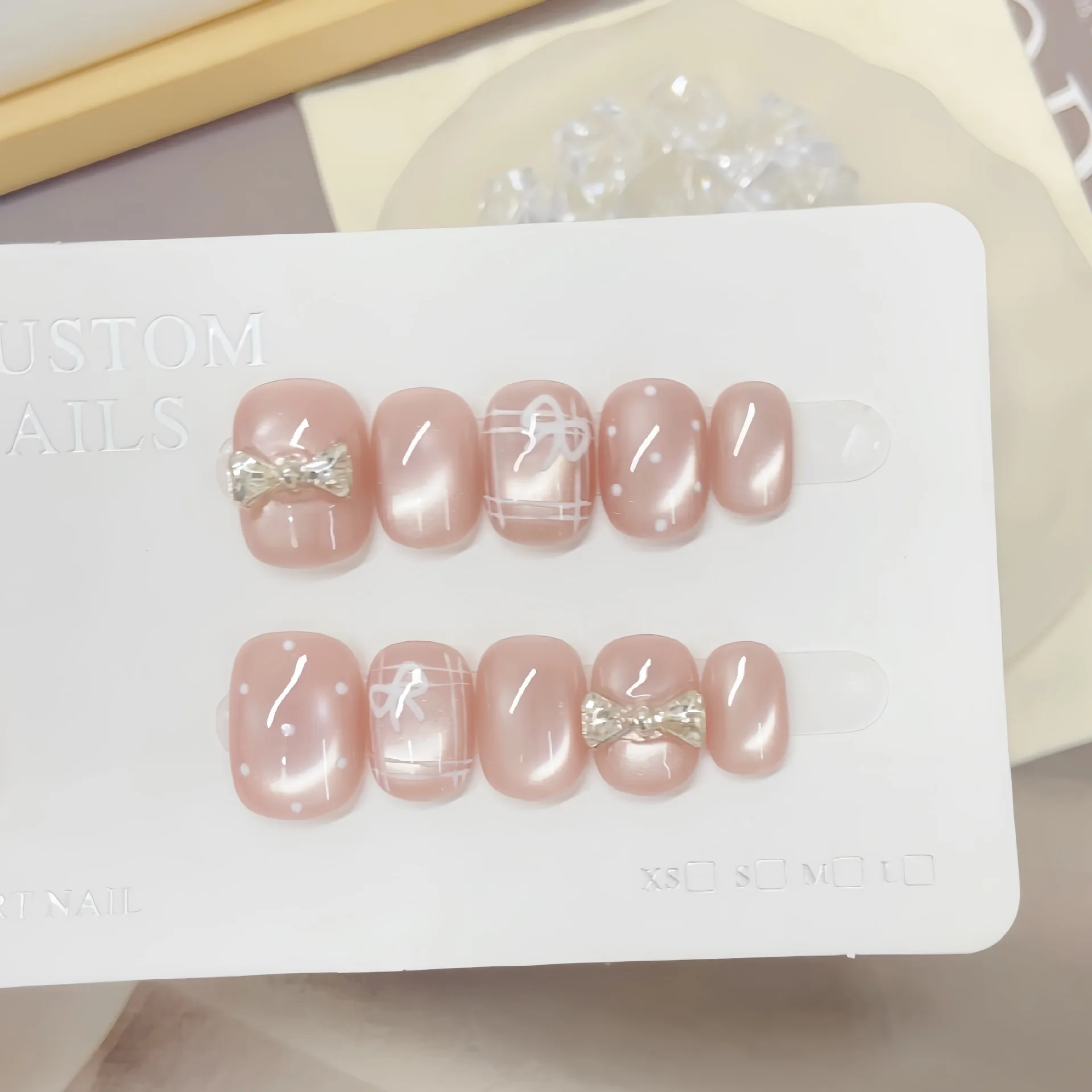 10pcs Handmade Press on Nails Jelly-Style Cat-Eye Checkered Bow Full Coverage Tip for Women&Girl Detachable Wearable False Nail