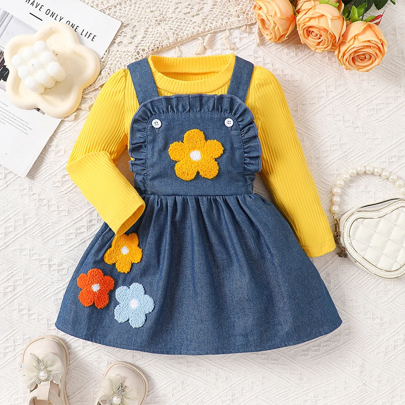 

Suefunskry Kids Girl Fall Outfits Solid Color Ribbed Knit Long Sleeve Tops Flower Embroidery Overalls Dress 2Pcs Clothes Set