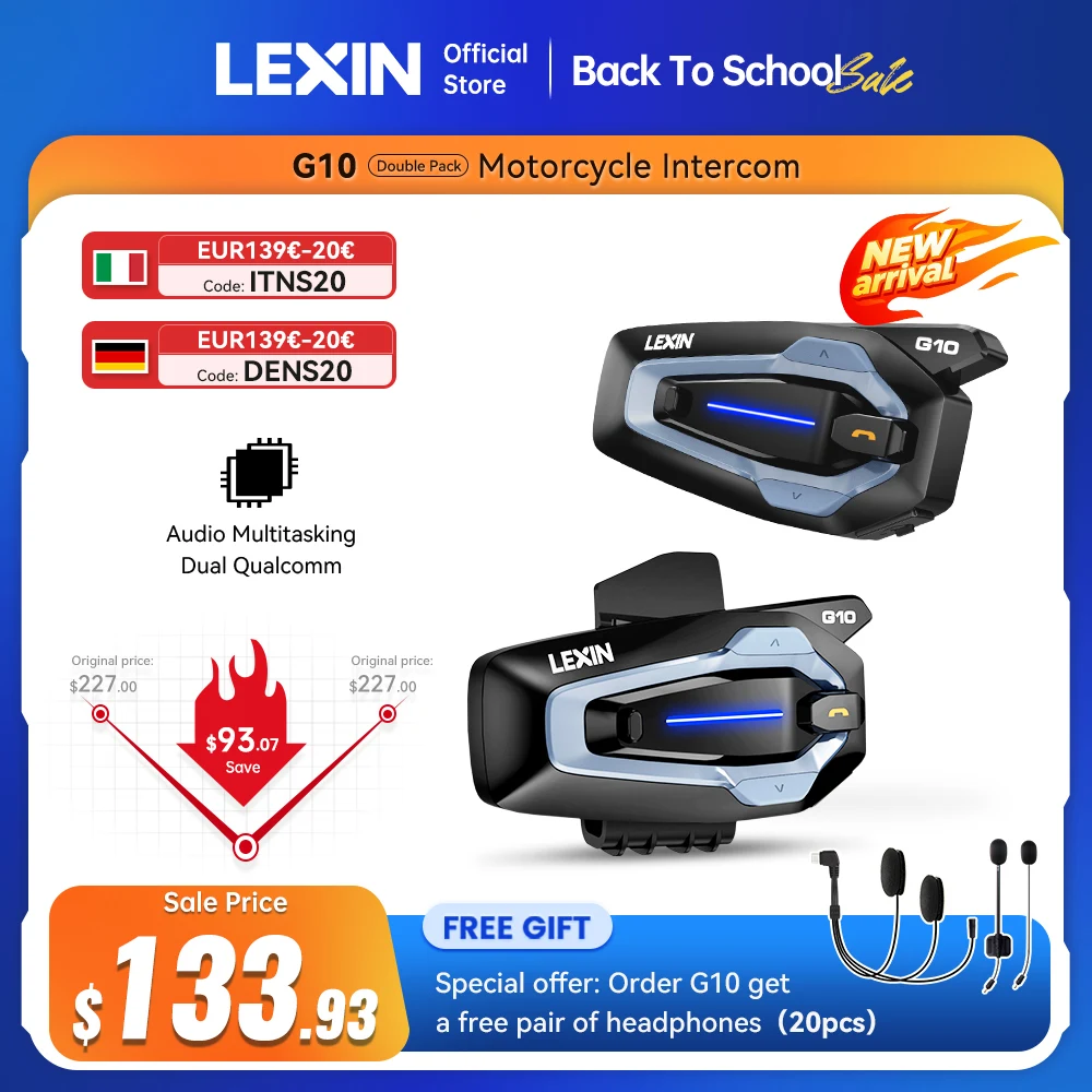 NEW-LEXIN G10 Motorcycle Helmet Intercom, 8 Riders Dual Qualcomm Bluetooth 5.1 Intercom, Parallel Audio- Intercom and Stream Mus