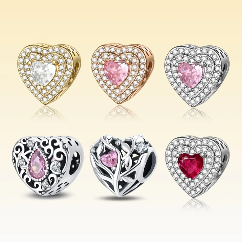 925 Sterling Silver Pink Heart-Shaped Beaded Jewelry with Large Zircon Beads, Suitable for DIY Women's Bracelets and Necklaces.