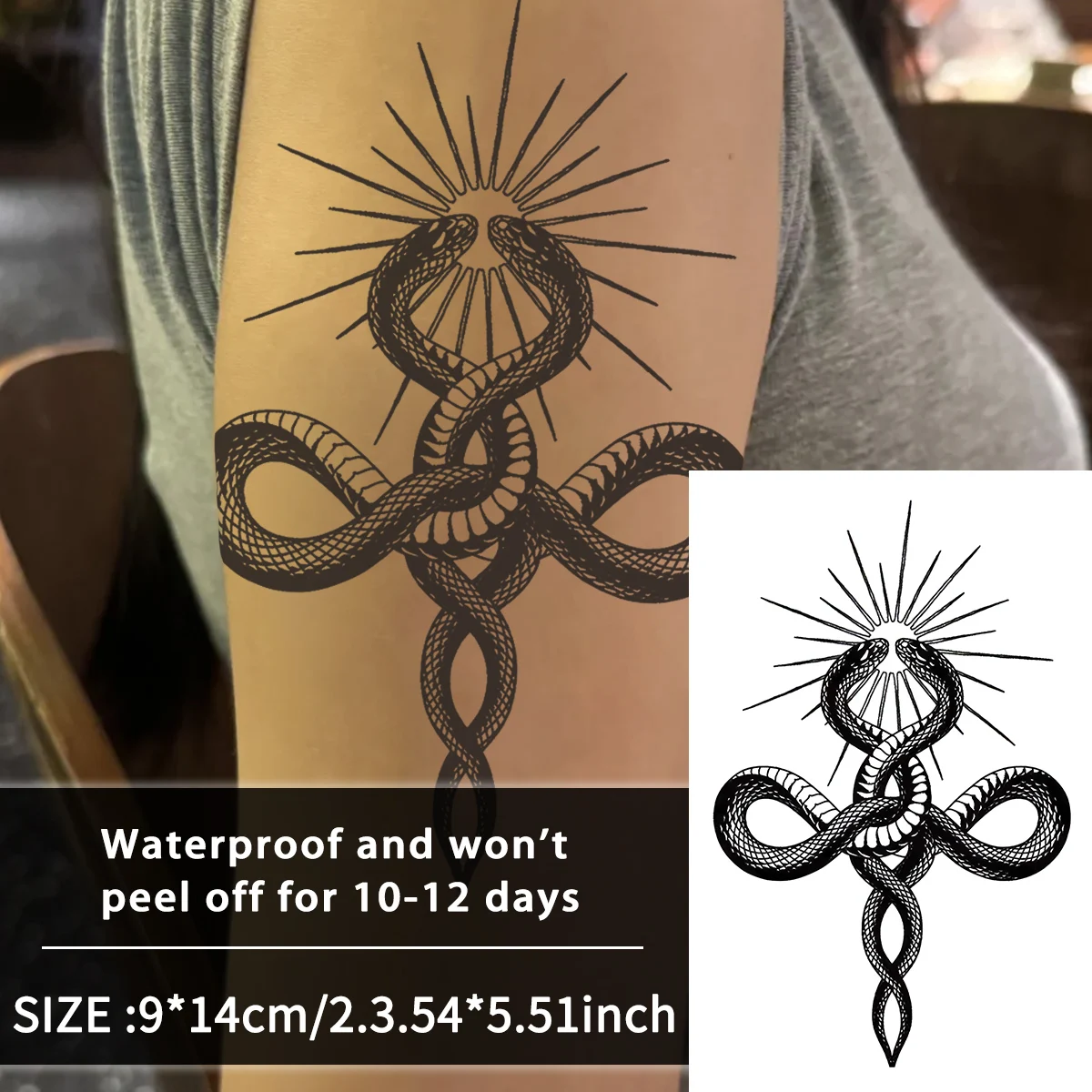 Snake and sun leg waterproof temporary tattoo sticker, lasts 1-2 weeks, realistic semi-permanent fake tattoo