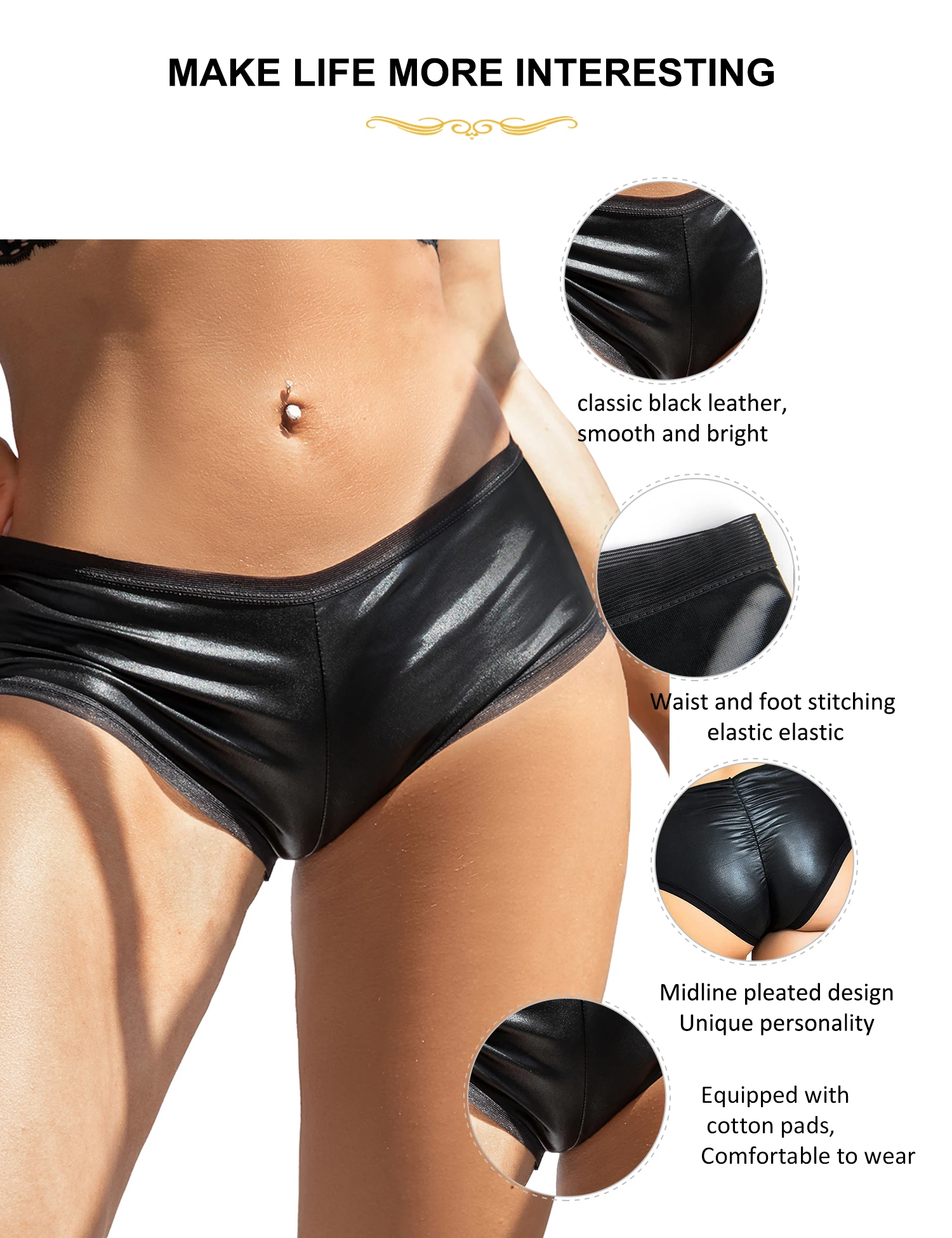 Comeondear Sexy Panties Women Briefs PU Leather Lift Hip Seamless Panty Black Low Waist Underpants Plus Size Underwear Lingerie