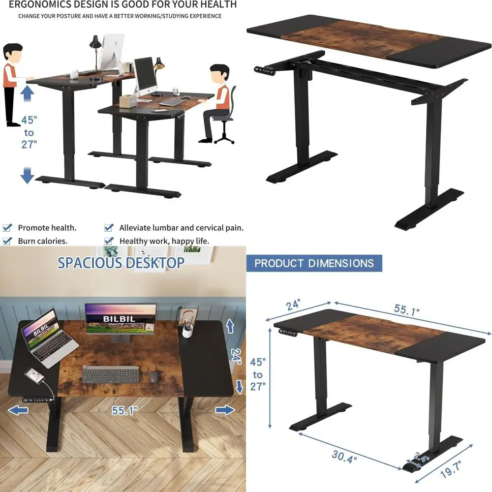 

Эргономичный регулируемый стол 55x24, использование для дома/офиса, предустановка памяти, разделенная верхняя часть, коричневый и черный в деревенском стиле