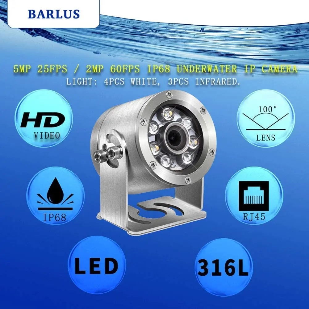 Barlus HD Aquarium POE Underwater IP Camera Marine Stainless Steel 2592 * 1944 CMOS 2.8mm Lens with Light IP68 Waterproof Camera