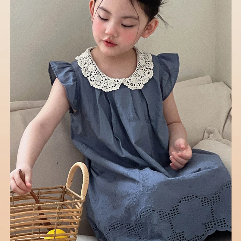 2026 New Summer Sister Clothing 2-8Yrs Baby Girl Birthday Party Dress Fly Sleeve Cotton Solid Color Splicing Kids Princess Dress