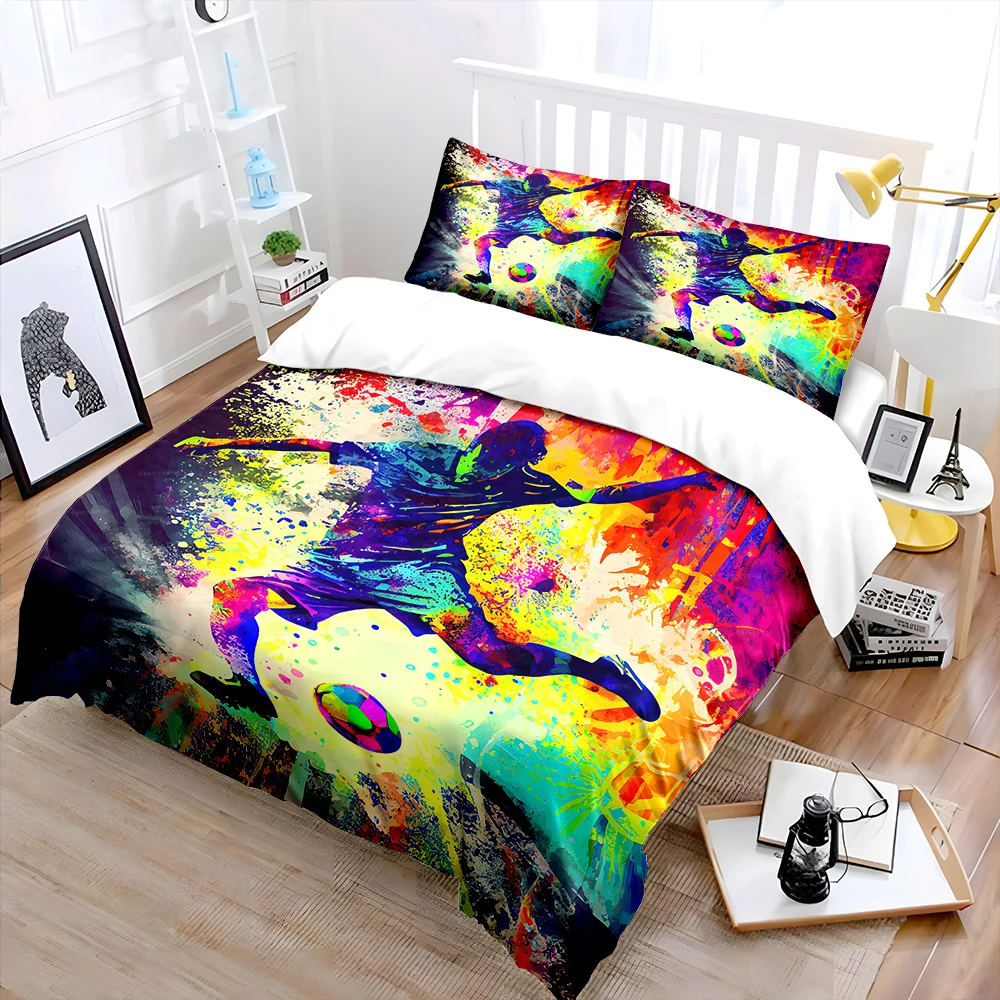 Colorful splatter watercolor art of kicking a ball Print Bedding Set 1 Duvet Cover 2 Pillowcases for Adult Children Luxury Gift