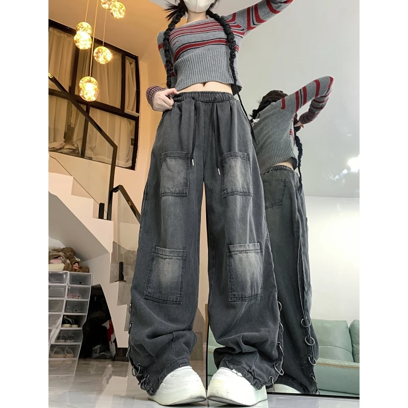 

Women Black Jeans High Quality High Waist American Street Wide Leg Pants Hip Hop Gradient Vintage Straight 2024 Spring Trousers