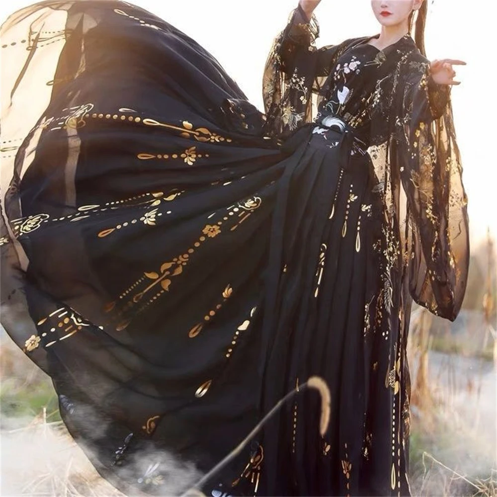 Vestido antigo bordado de guindaste preto feminino, hanfu chinês tradicional, fantasia de dança folclórica de palco, elegante