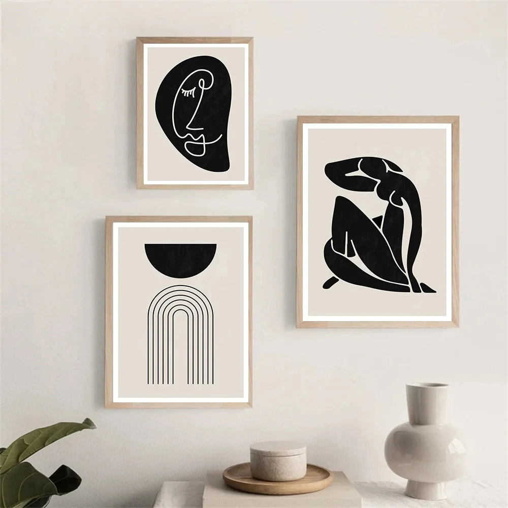 مجردة خطوط الجسم المشارك أسود بيج قماش اللوحة الشمال جدار الفن الطباعة صورة غرفة المعيشة ديكور المنزل طلاء جدران #3
