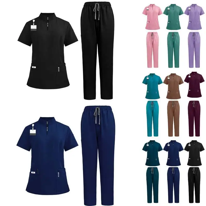 

2Pieces Unisex Medical Doctor Nurse Surgical Uniforms Scrub Set Beauty Salon Work Wear Top-Pants Spa Nursing Tunic Suit