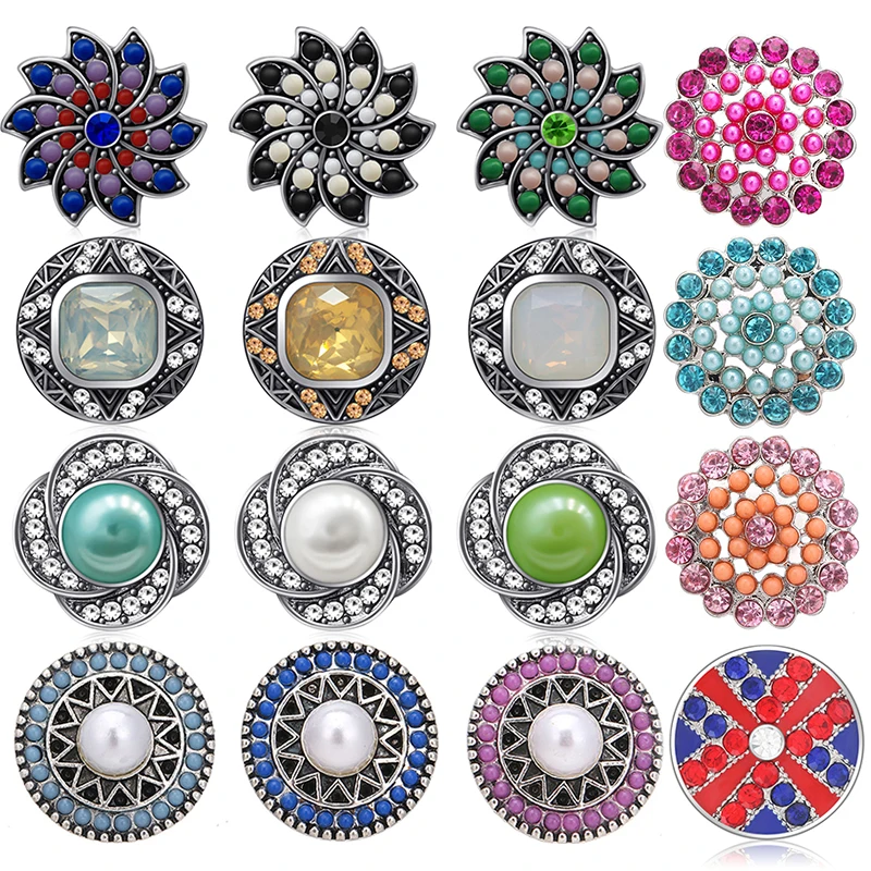 Colorful Rhinestone Beauty rotated Flowers Pearls Round Metal 18mm snap buttons for DIY 18mm snap jewelry Accessories Women Gift
