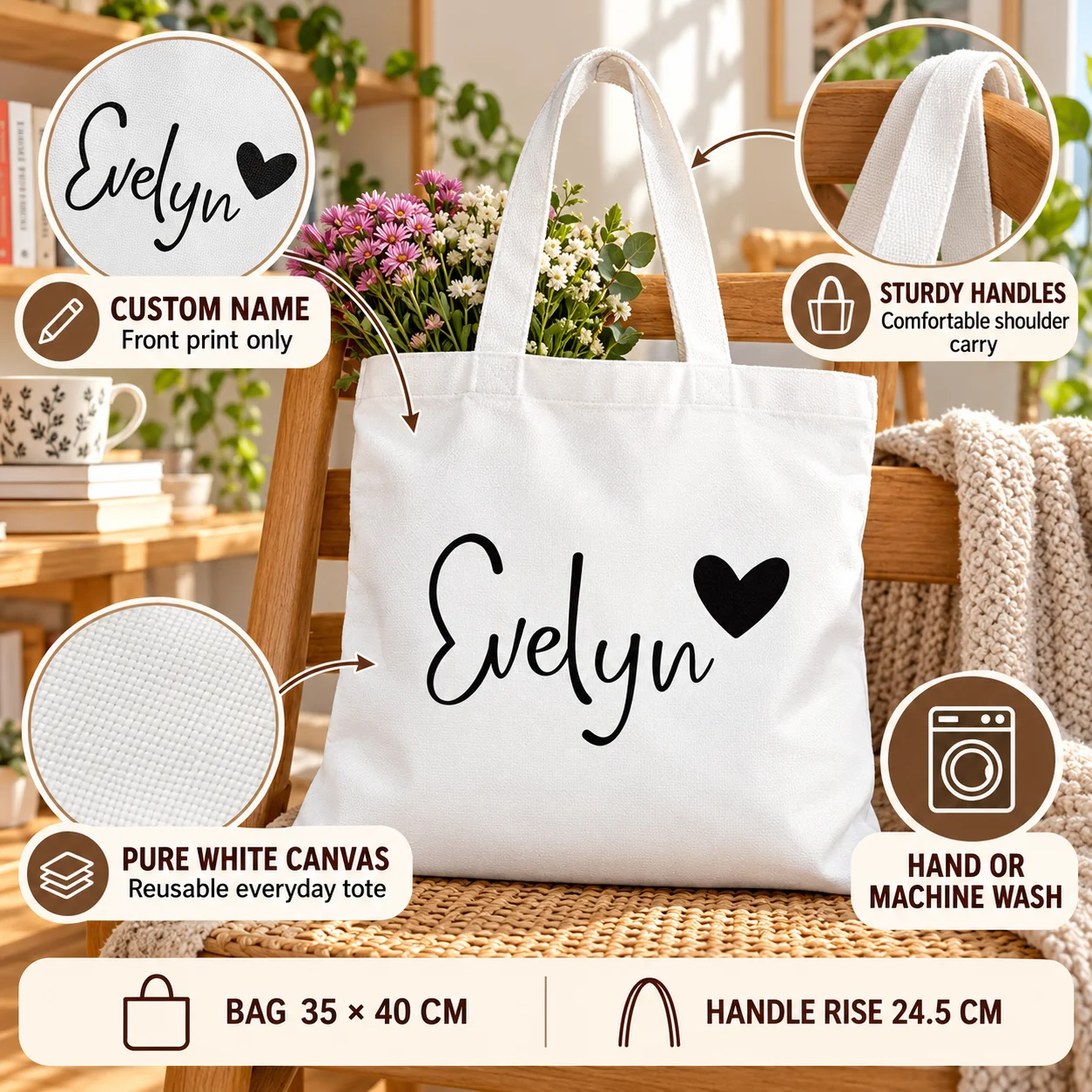 Custom White Tote Bag Personalized Name, Blue Pink Floral Print Canvas Shoulder Tote for Shopping, Travel, Work and Everyday Use