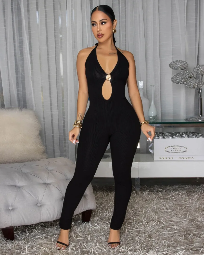 

KEXU Women's Solid Color Ribbed Hollow Fashion Sexy Hanging Neck Slim Fit Jumpsuit Spring and Summer New Style
