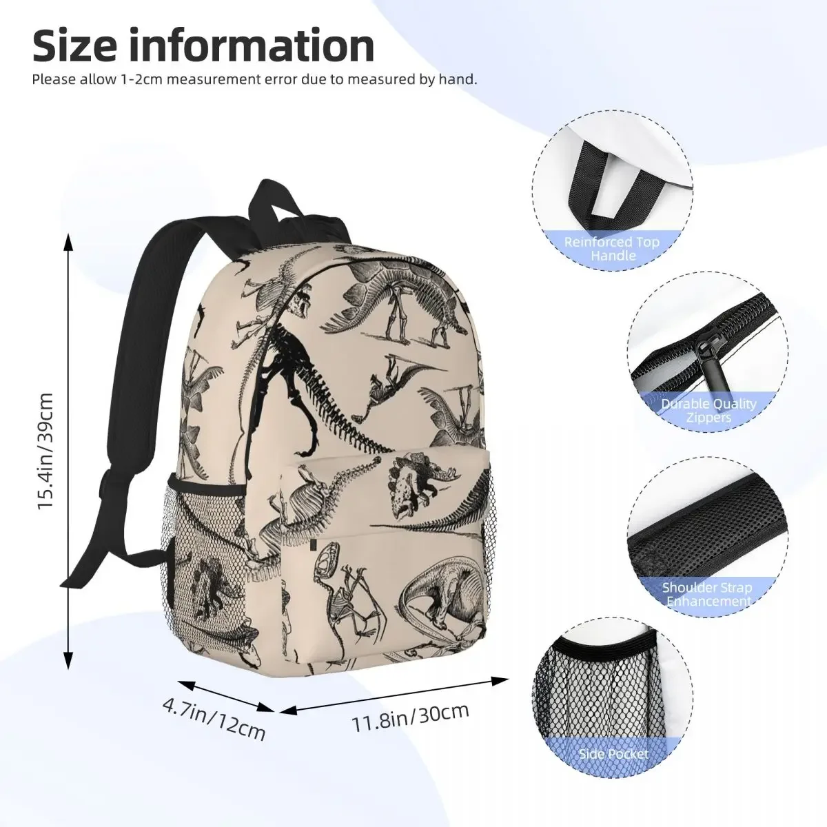 Vintage Museum Dinosaurs And Skeletons Black And Cream Backpacks Boys Girls Bookbag Students School Bags Rucksack Shoulder Bag