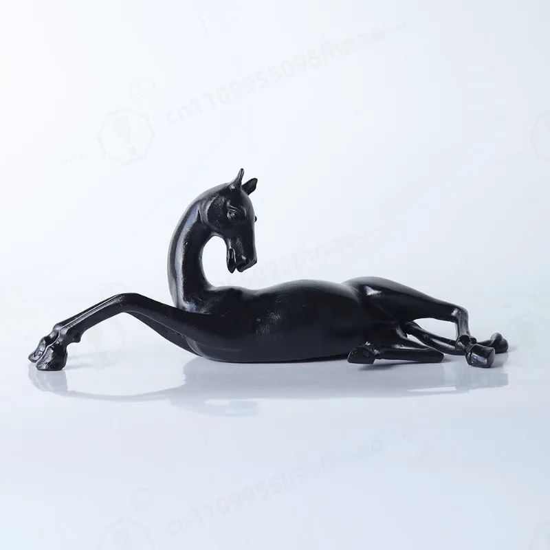 New Chinese Style Black Lying Horse Statue Small Resin Sculpture Desktop Decor Figurine for Show Flat Tea Table Office