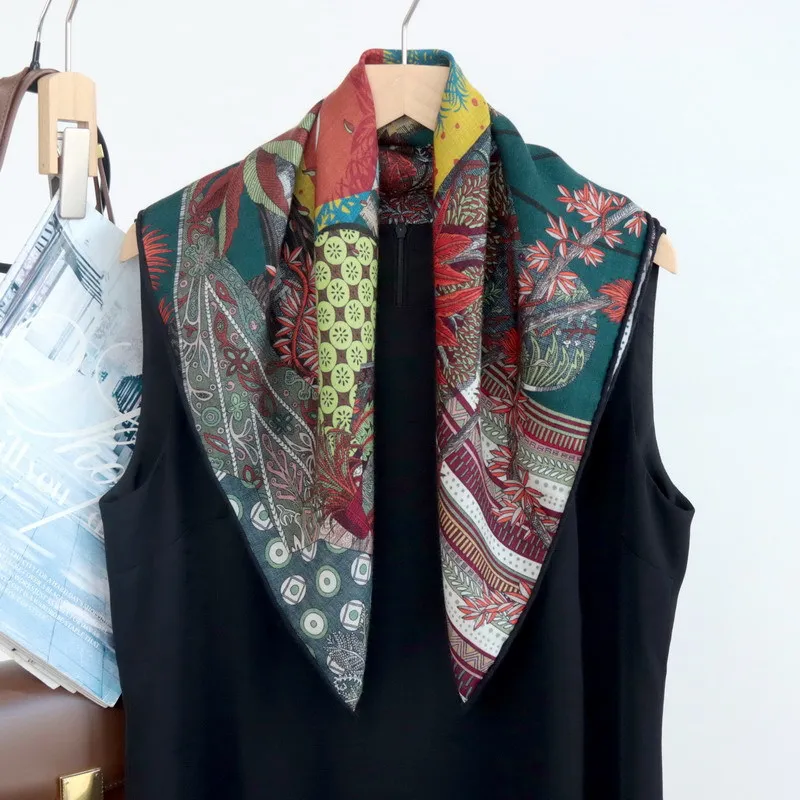65x65CM Double Sided Square Scarf 70%WOOL 30%MULBERRY SILK Fantasy Jungle Tribal Art Print Women Fashion Neck Wrap Headscarf