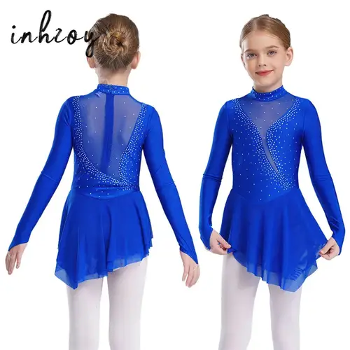 Imagen 1 del producto Vestido de patinaje artístico para gimnasia con diamantes de imitación para chicas adolescentes, falda de baile con empalme de malla, leotardo de Ballet, disfraz de actuación lírica