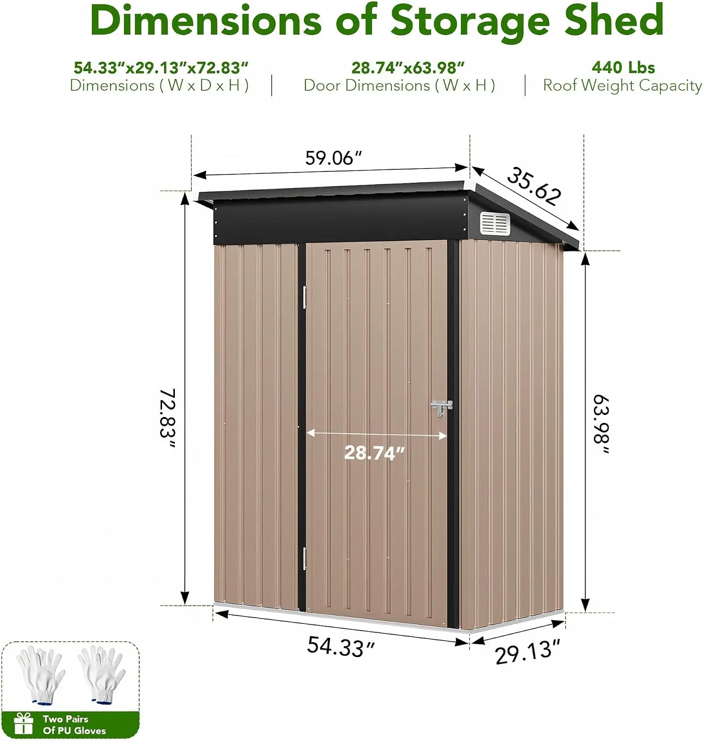 5x3 FT Outdoor Metal Storage Shed Lockable Galvanized Steel Tool House Sloped Roof Waterproof Backyard Garden Patio Brown