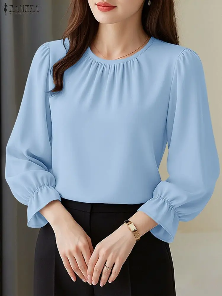 

2025 Autumn Blouse ZANZEA Women Stylish Solid OL Work Shirt Casual O Neck Long Sleeve Tops Elegant Party Tunic Mujer Chemise