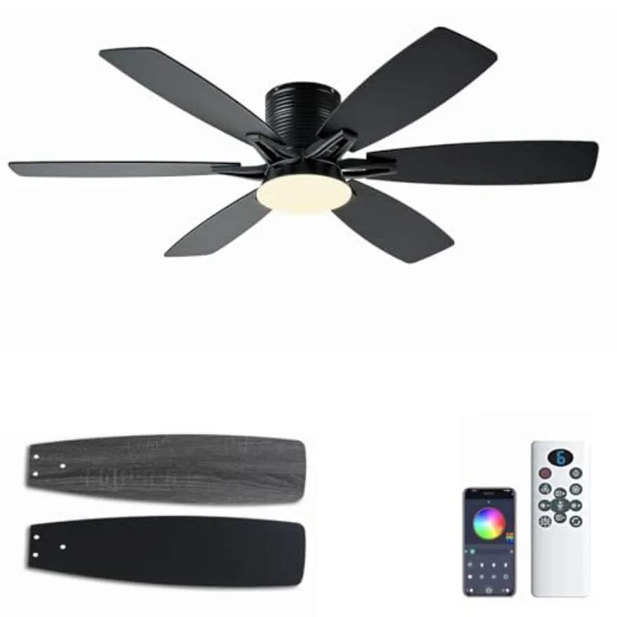 

52inch Ceiling Fans with Lights and Remote/App Control Low Profile Ceiling Fan with Light and 6 Double-Side blades Flush Mount