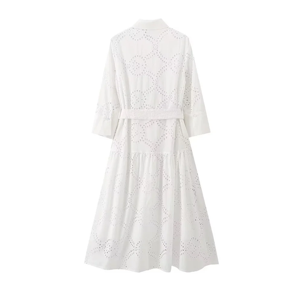 PB&ZA2024 Summer New Product Fashion Casual Women\'s Wear Solid Color Collar Belt Embroidered Shirt Style Long Dress